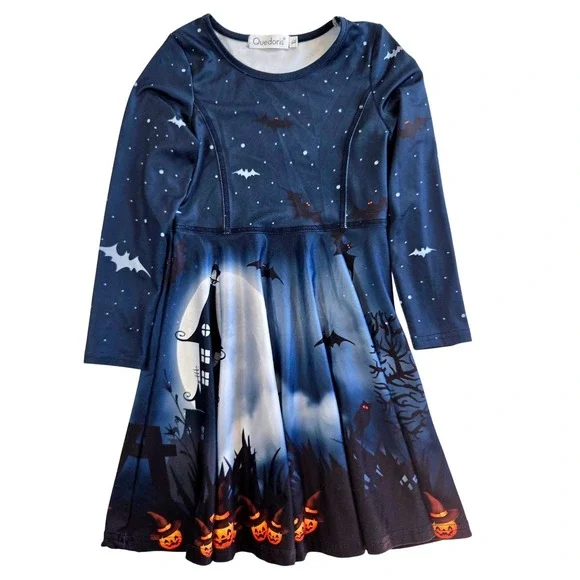 Halloween Dress Girls Size L 5-6 Bats Moon Spooky Kids Costume Holiday Party - Picture 9 of 10